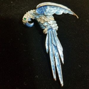 Blue enamel parrot brooch with rhinestones